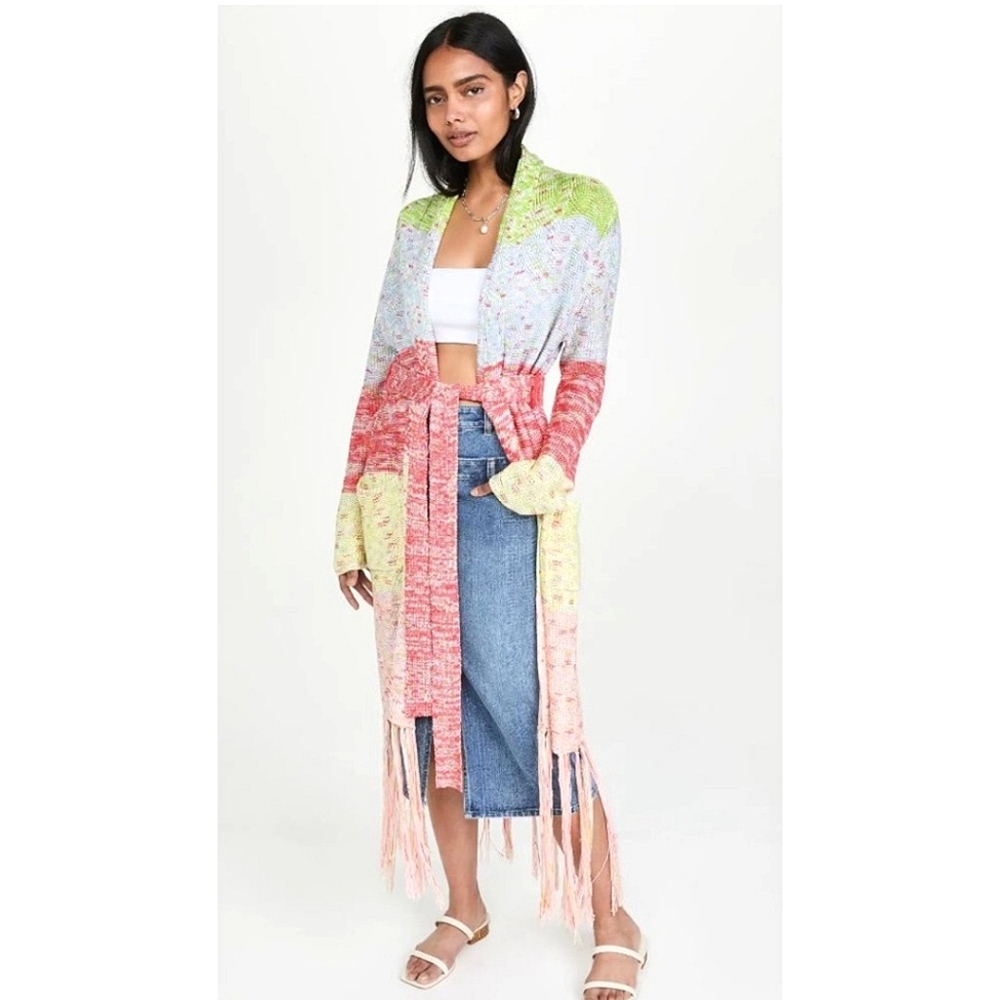 525 America Fringe Long Colorful Belted Knit Cardigan Sz‎ Small